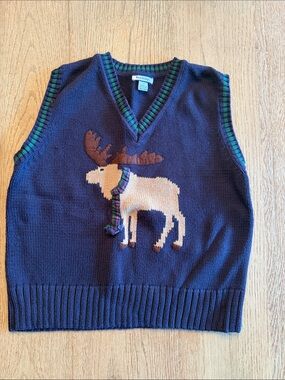 Hartstrings Navy Sweater Vest with Moose Intarsia and Green Trim